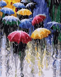 Рисуване по номера с акрилни бои - Чадъри в дъжда
